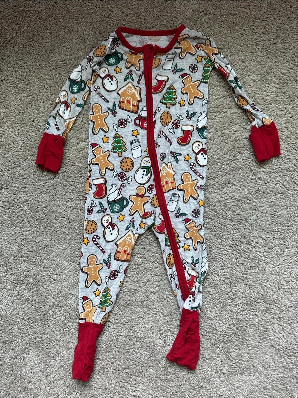 Little Sleepies Gingerbread Holiday Footed One-Piece Pajama - Red Trim